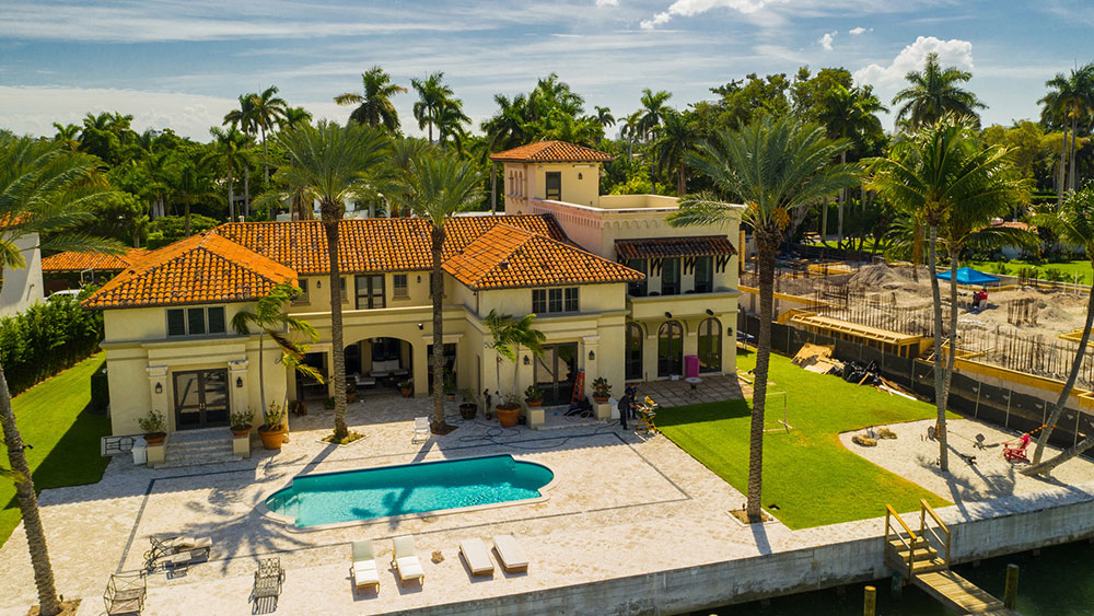Aerial photo of a luxury Miami waterfront mansion.