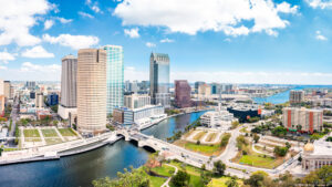 Aerial panorama of Tampa, Florida, skyline.